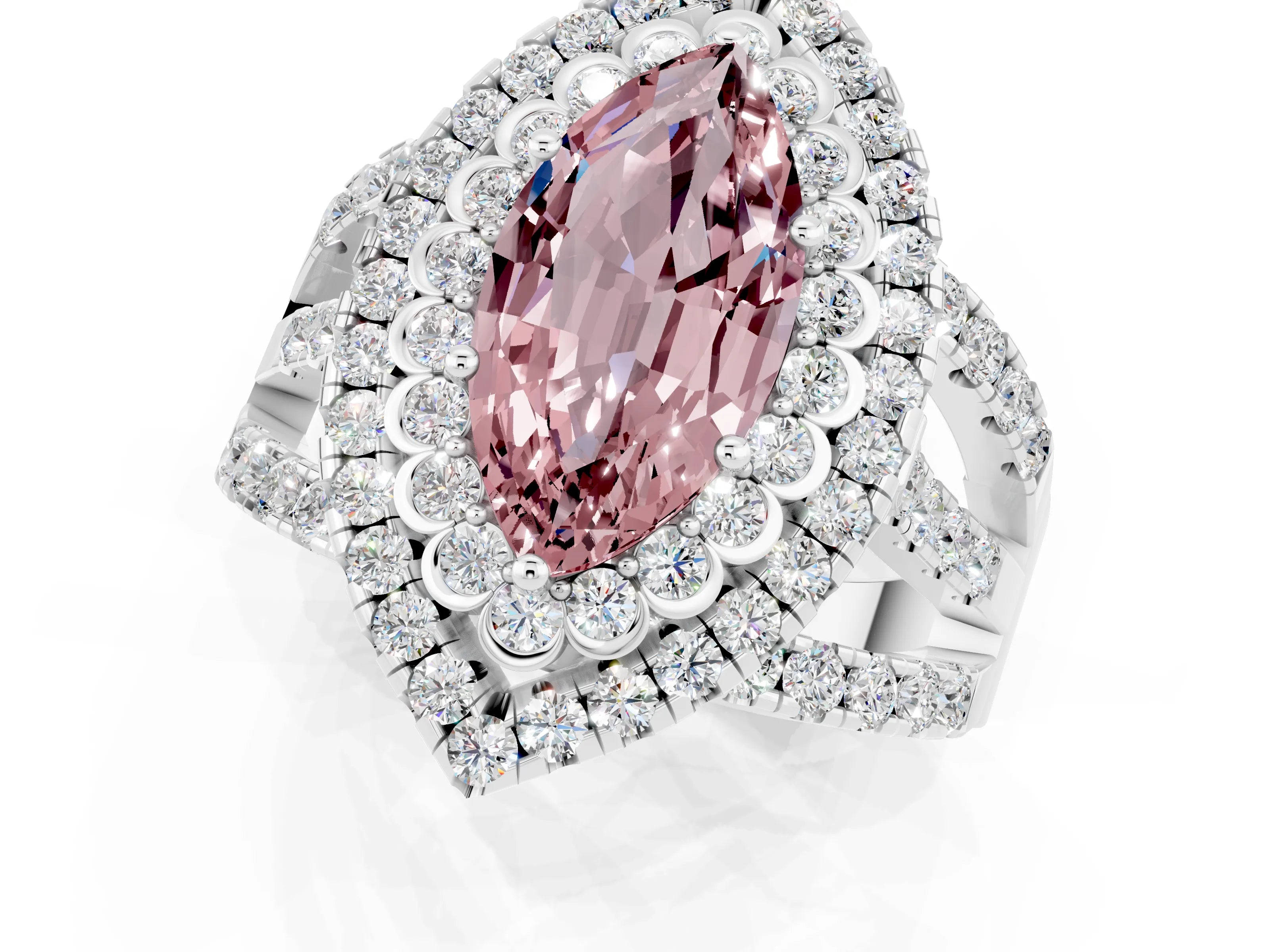 White gold Double Halo Marquise Cut Diamond Split Shank Pave Set Ring_1