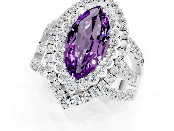 White gold Marquise Cut Amethyst Double Halo Ring with Round Pavé Split Shank and Prong Setting