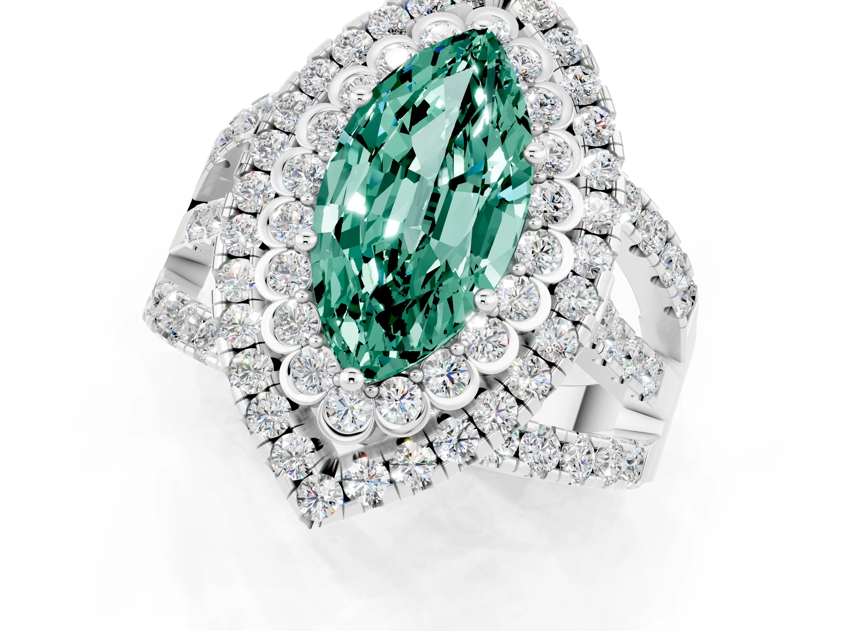 White gold Double Halo Marquise Cut Diamond Split Shank Pave Set Ring_1