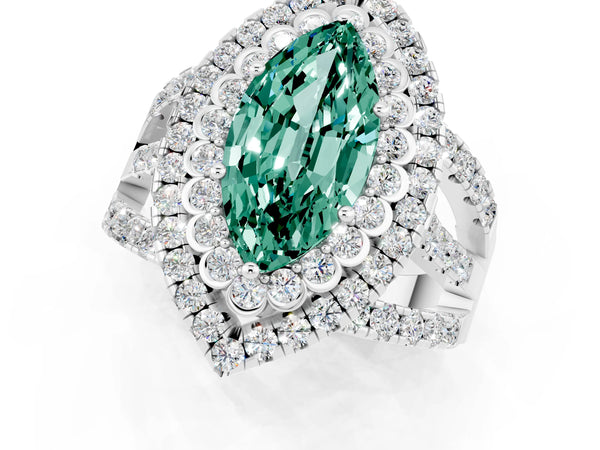 Platinum Marquise Cut Green Sapphire Double Halo Ring with Round Pavé Split Shank and Prong Setting