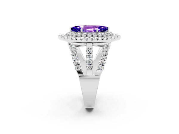 Silver Marquise Cut Tanzanite Double Halo Ring with Round Pavé Split Shank and Prong Setting