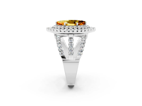 Silver Marquise Cut Citrine Double Halo Ring with Round Pavé Split Shank and Prong Setting