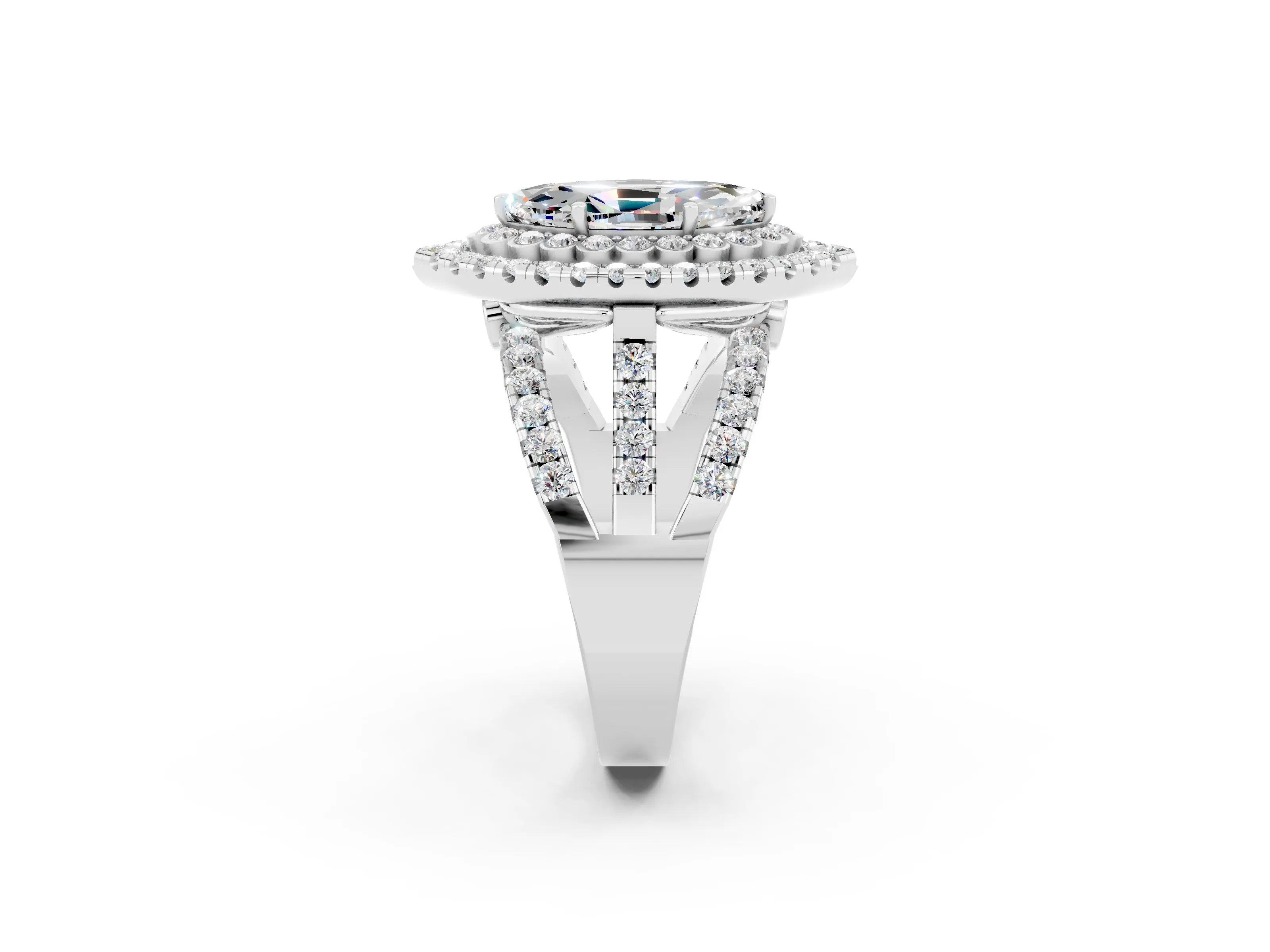 White gold Double Halo Marquise Cut Diamond Split Shank Pave Set Ring_2