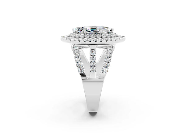 Silver Marquise Cut Moissanite Double Halo Ring with Round Pavé Split Shank and Prong Setting