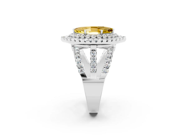 White gold Marquise Cut Yellow Sapphire Double Halo Ring with Round Pavé Split Shank and Prong Setting