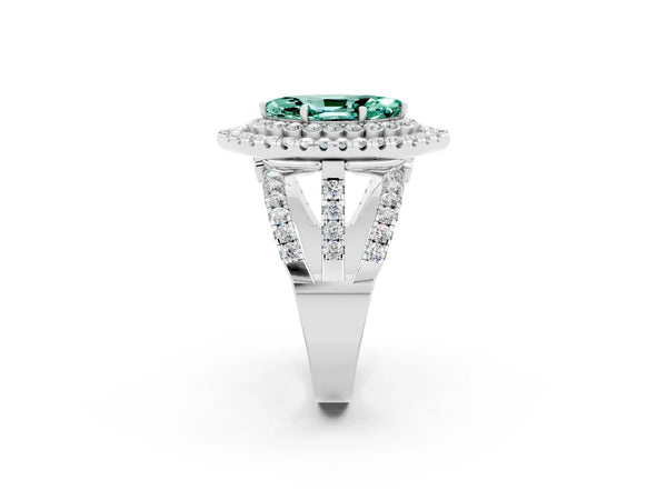 Platinum Marquise Cut Green Sapphire Double Halo Ring with Round Pavé Split Shank and Prong Setting