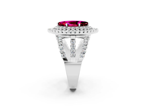 Silver Marquise Cut Garnet Double Halo Ring with Round Pavé Split Shank and Prong Setting