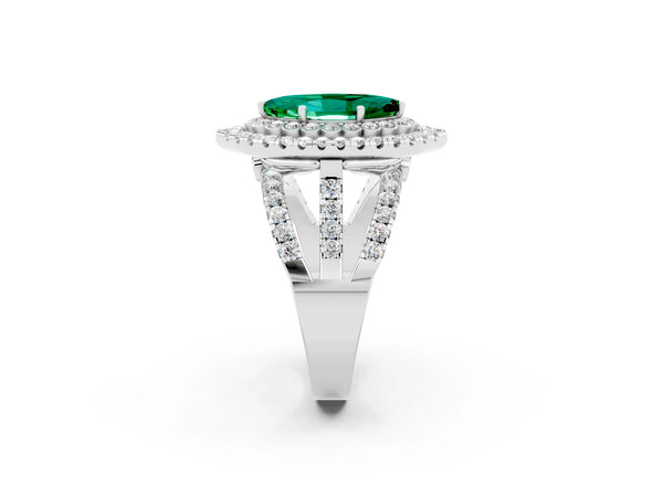White gold Marquise Cut Emerald Double Halo Ring with Round Pavé Split Shank and Prong Setting