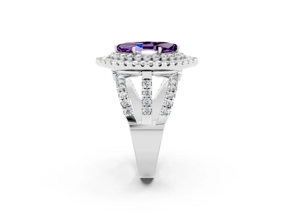 White gold Marquise Cut Amethyst Double Halo Ring with Round Pavé Split Shank and Prong Setting