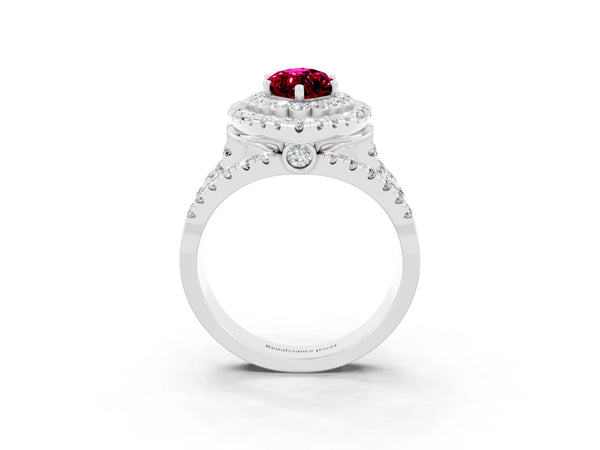 Platinum Marquise Cut Garnet Double Halo Ring with Round Pavé Split Shank and Prong Setting