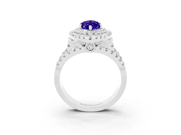 Platinum Marquise Cut Tanzanite Double Halo Ring with Round Pavé Split Shank and Prong Setting