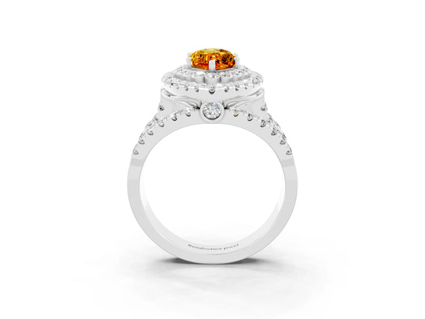 Platinum Marquise Cut Citrine Double Halo Ring with Round Pavé Split Shank and Prong Setting