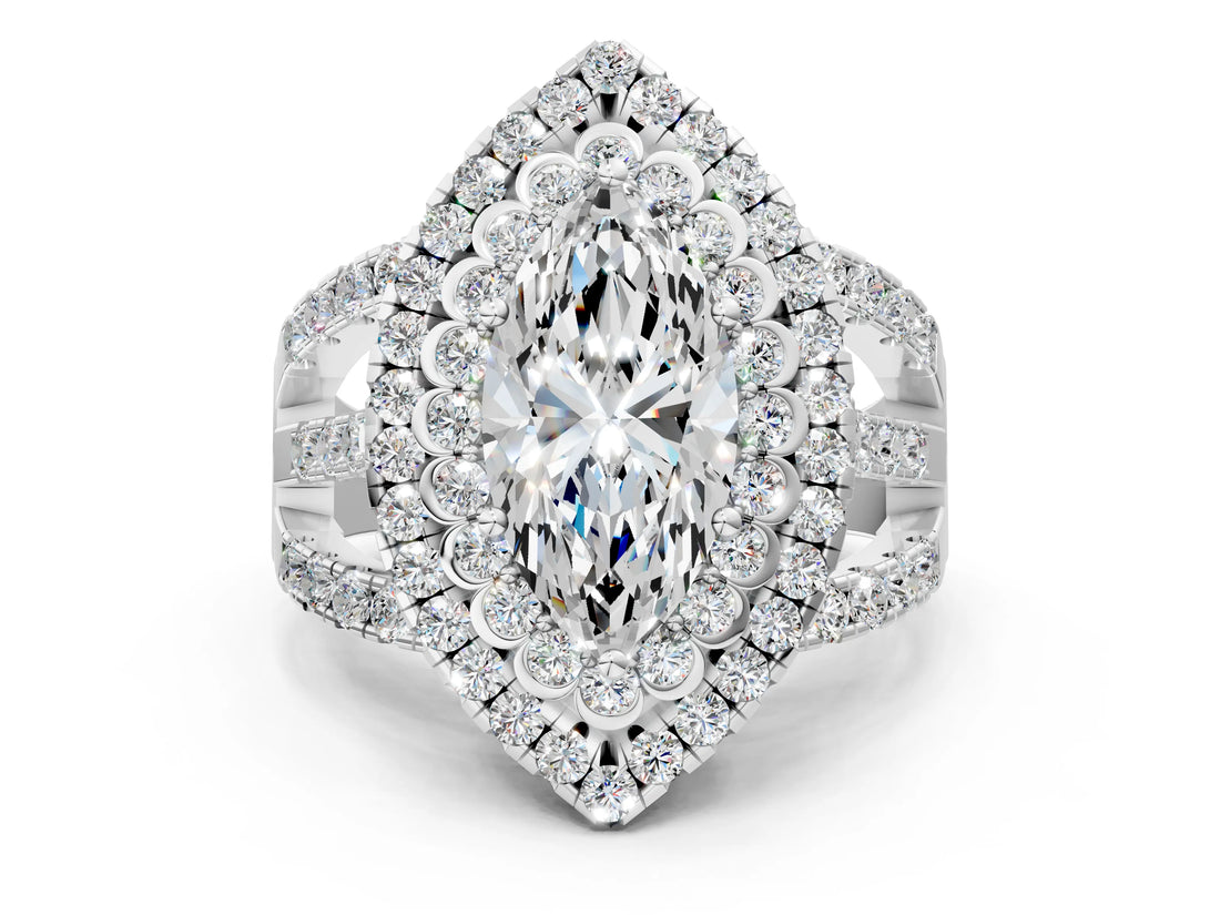 White gold Double Halo Marquise Cut Diamond Split Shank Pave Set Ring_3