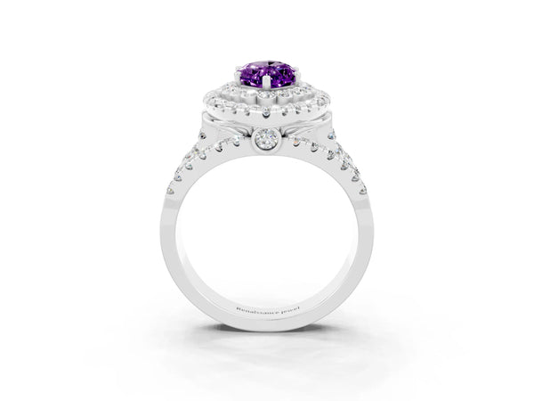 White gold Marquise Cut Amethyst Double Halo Ring with Round Pavé Split Shank and Prong Setting