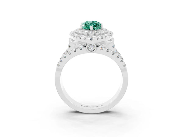 Platinum Marquise Cut Green Sapphire Double Halo Ring with Round Pavé Split Shank and Prong Setting