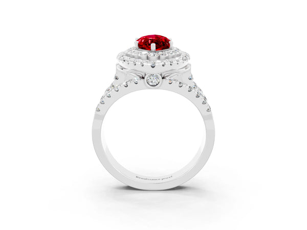Silver Double Halo Marquise Cut Diamond Split Shank Pave Set Ring