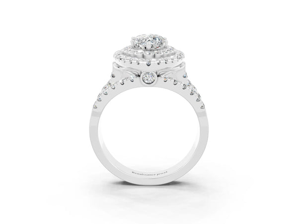 Silver Marquise Cut Moissanite Double Halo Ring with Round Pavé Split Shank and Prong Setting