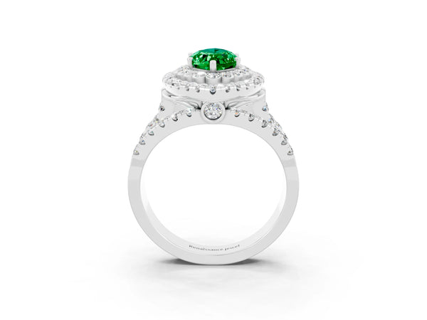 White gold Marquise Cut Emerald Double Halo Ring with Round Pavé Split Shank and Prong Setting