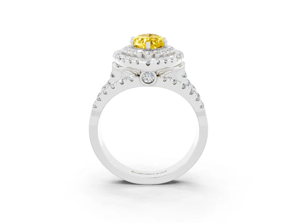 Silver Marquise Cut Yellow Sapphire Double Halo Ring with Round Pavé Split Shank and Prong Setting