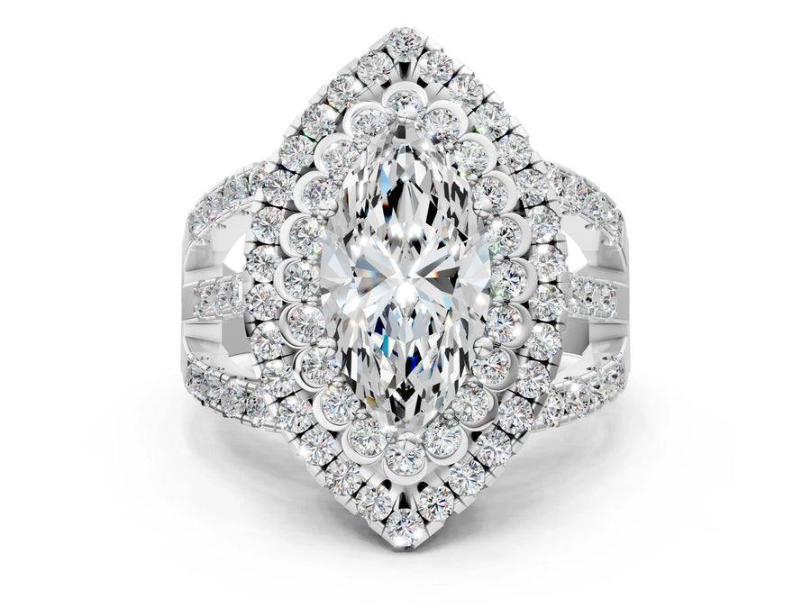 White gold Double Halo Marquise Cut Diamond Split Shank Pave Set Ring