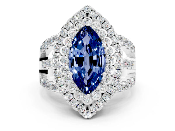 Silver Double Halo Marquise Cut Diamond Split Shank Pave Set Ring