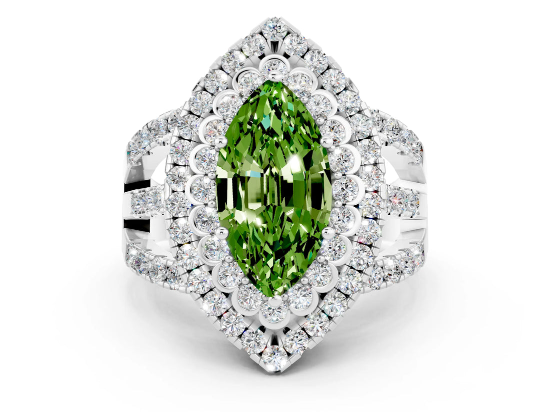White gold Double Halo Marquise Cut Diamond Split Shank Pave Set Ring