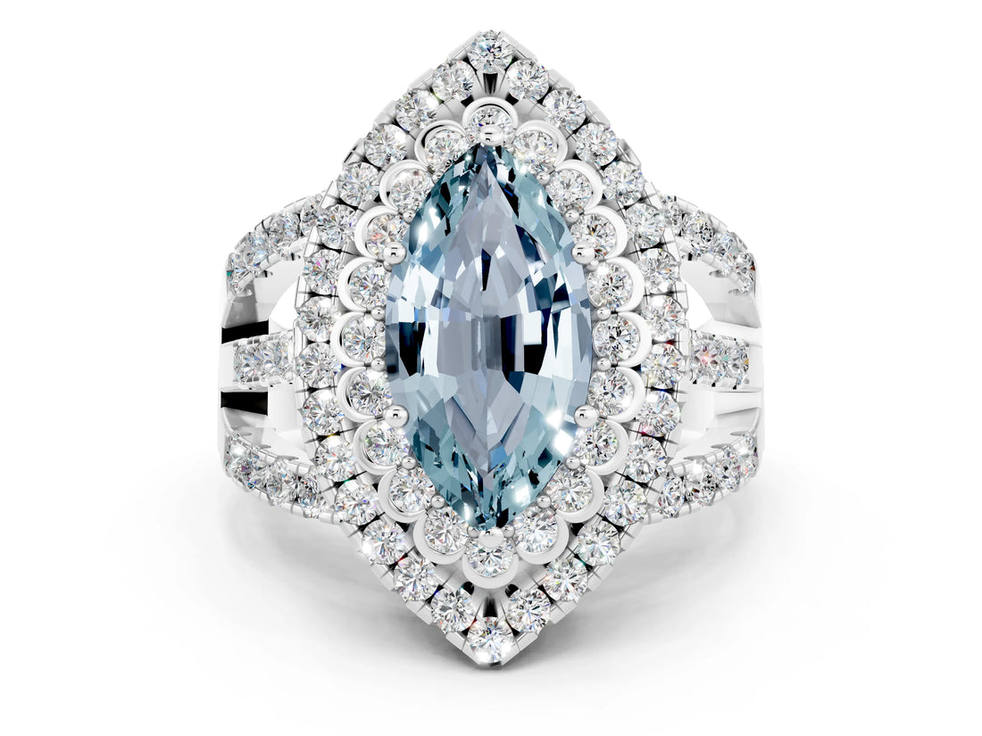 White gold Double Halo Marquise Cut Diamond Split Shank Pave Set Ring