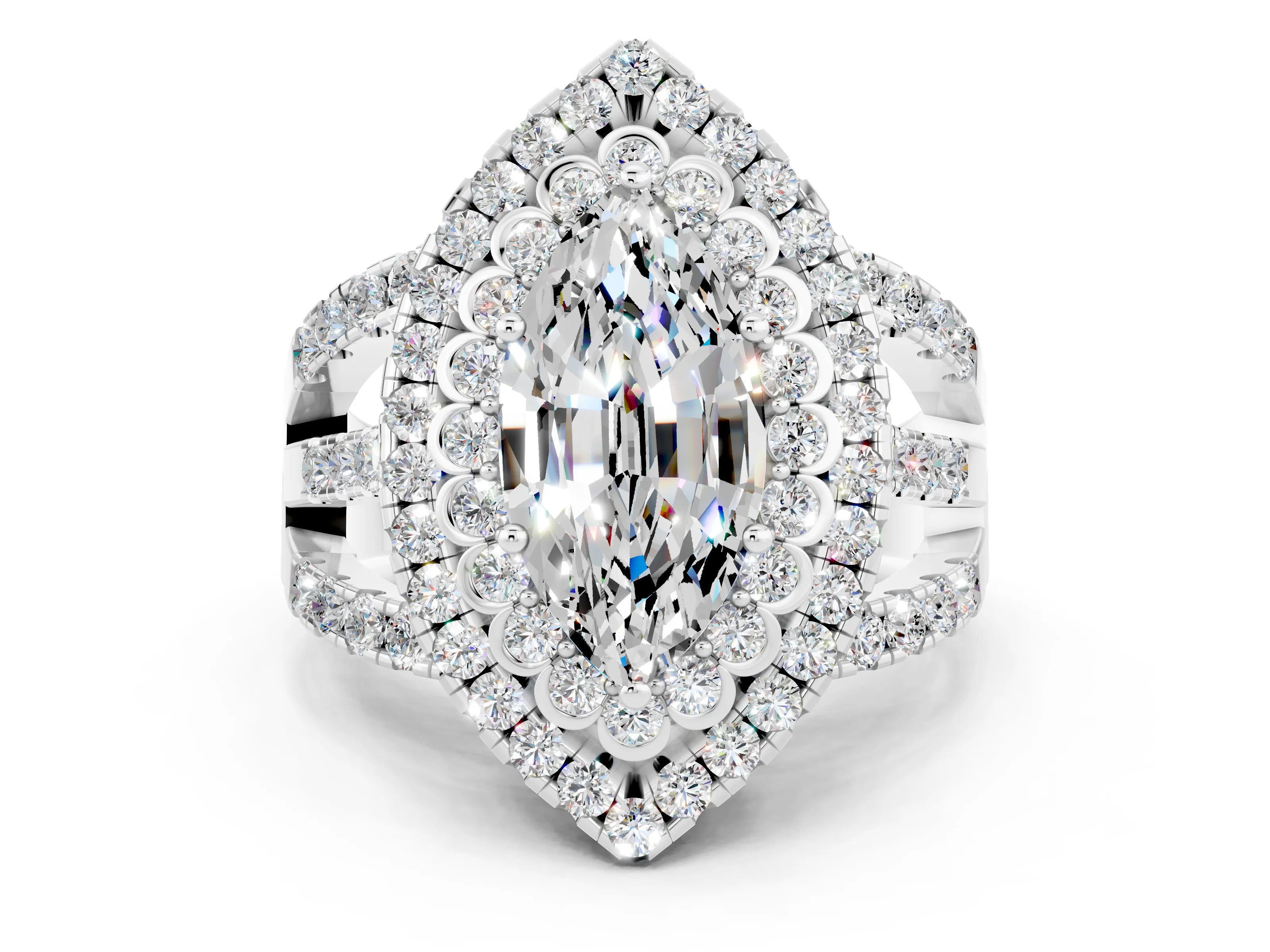White gold Double Halo Marquise Cut Diamond Split Shank Pave Set Ring