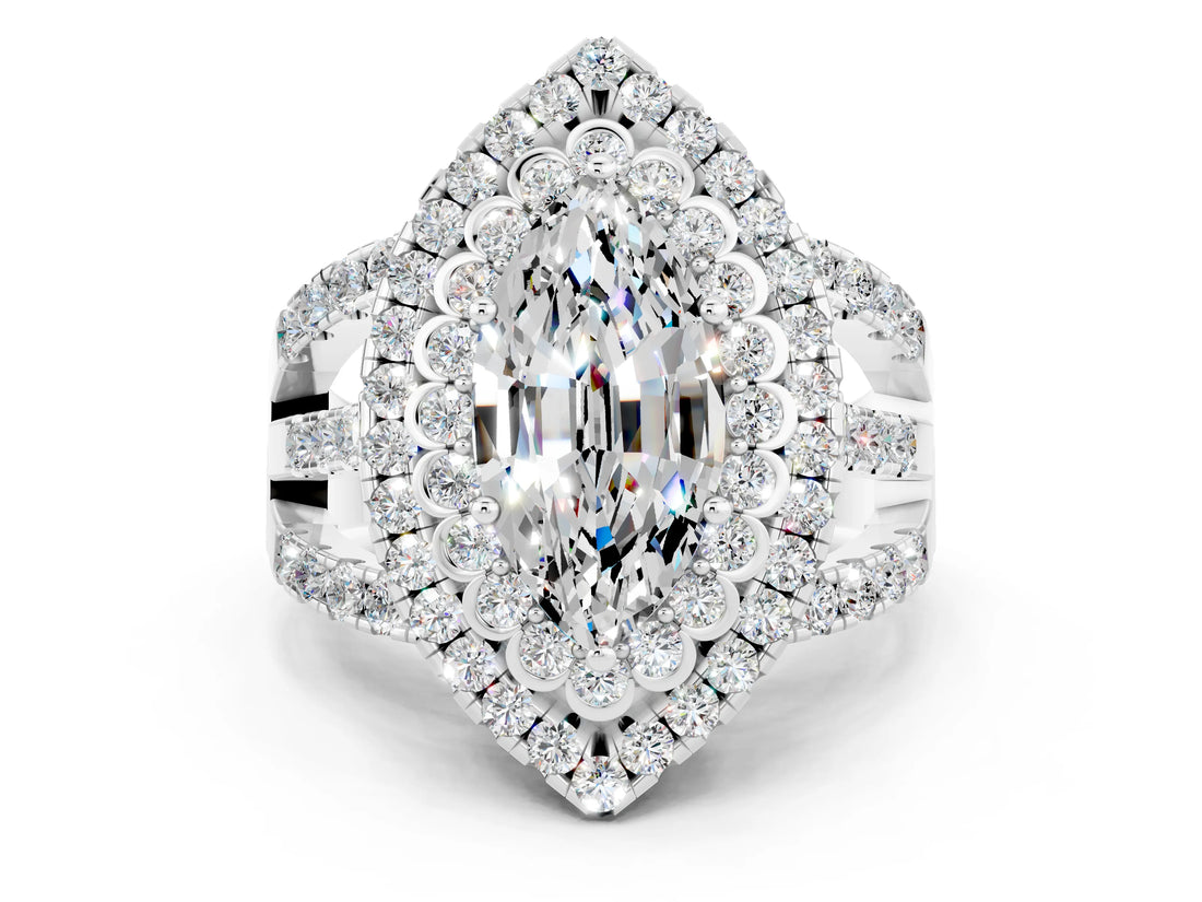 White gold Double Halo Marquise Cut Diamond Split Shank Pave Set Ring