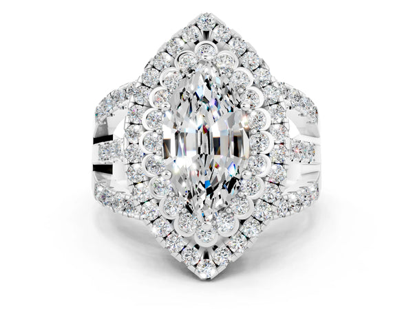 Silver Marquise Cut Moissanite Double Halo Ring with Round Pavé Split Shank and Prong Setting