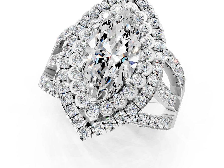 White gold Double Halo Marquise Cut Diamond Split Shank Pave Set Ring