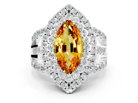 White gold Double Halo Marquise Cut Diamond Split Shank Pave Set Ring