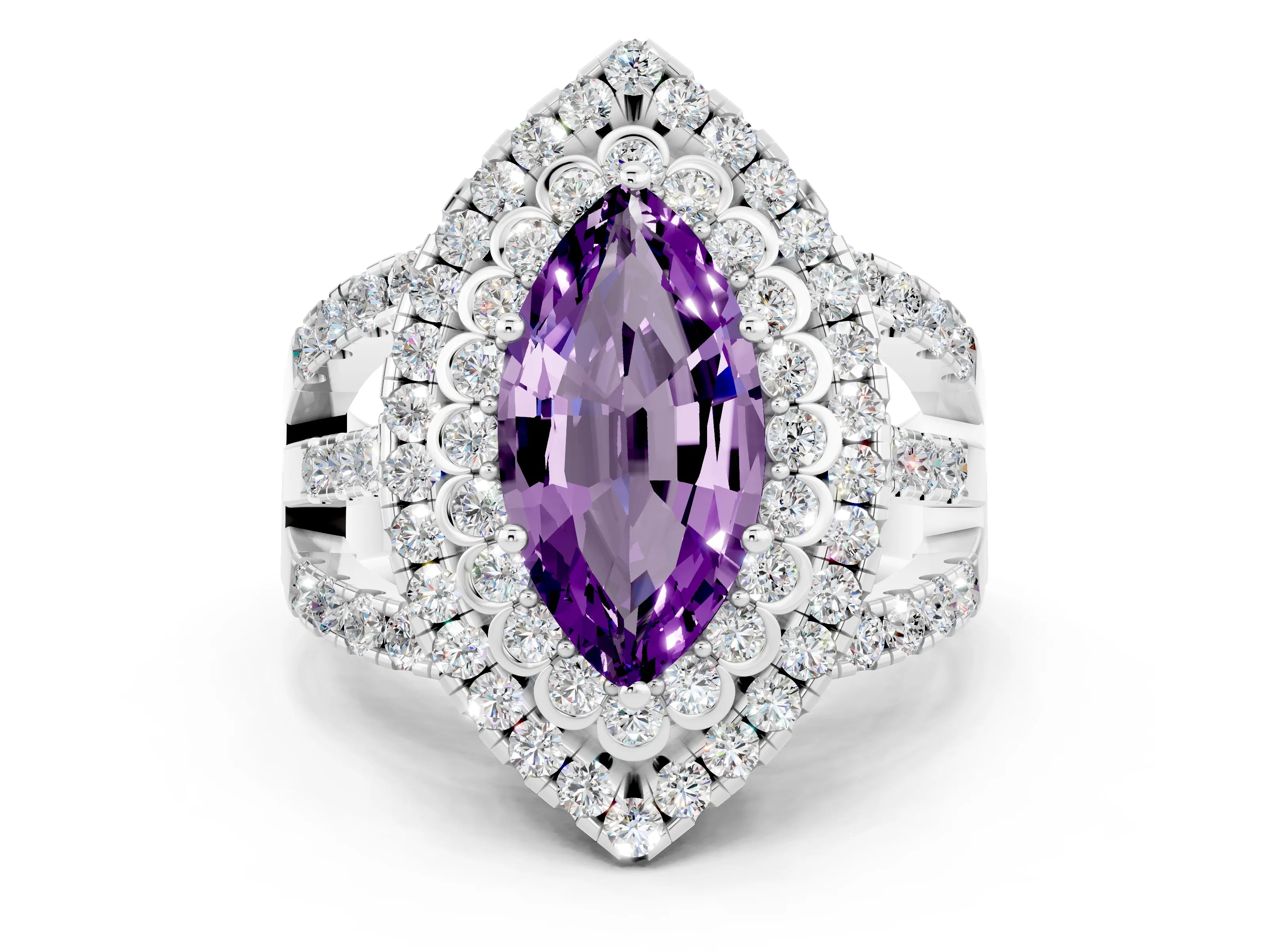 White gold Double Halo Marquise Cut Diamond Split Shank Pave Set Ring