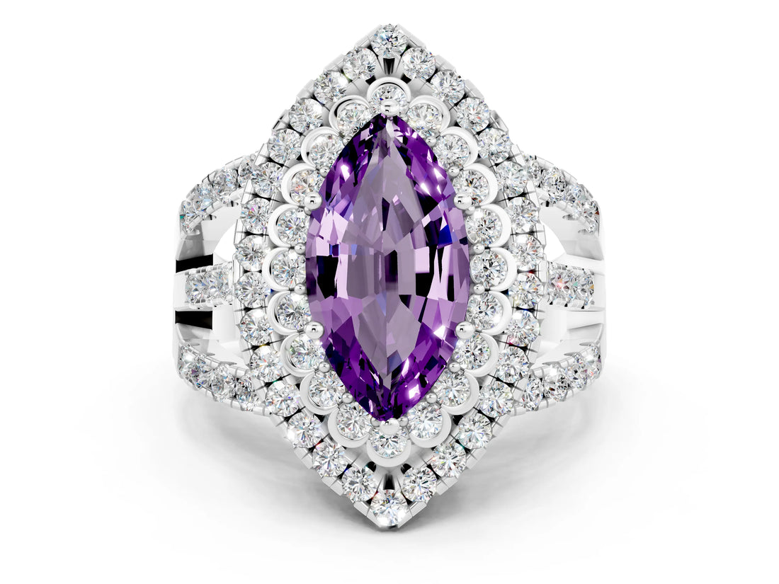 White gold Double Halo Marquise Cut Diamond Split Shank Pave Set Ring