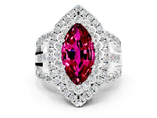 Platinum Marquise Cut Garnet Double Halo Ring with Round Pavé Split Shank and Prong Setting
