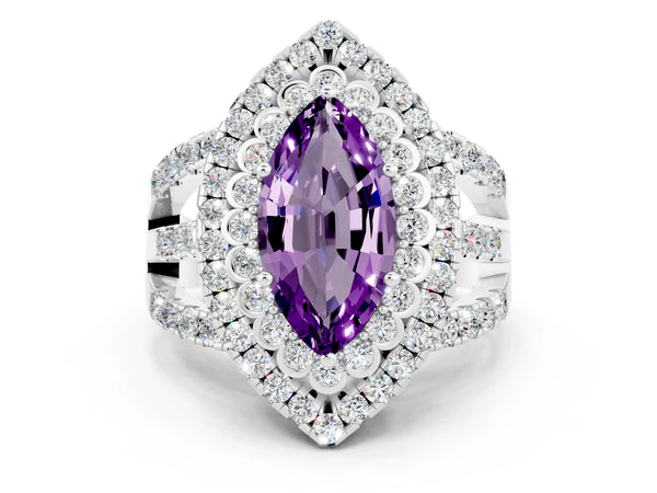 White gold Marquise Cut Amethyst Double Halo Ring with Round Pavé Split Shank and Prong Setting