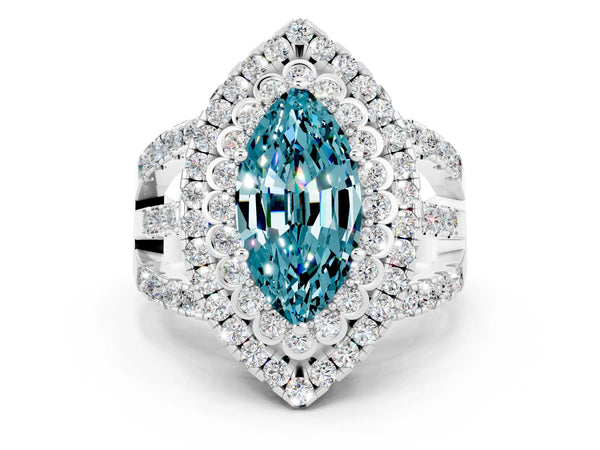 Platinum Double Halo Marquise Cut Diamond Split Shank Pave Set Ring