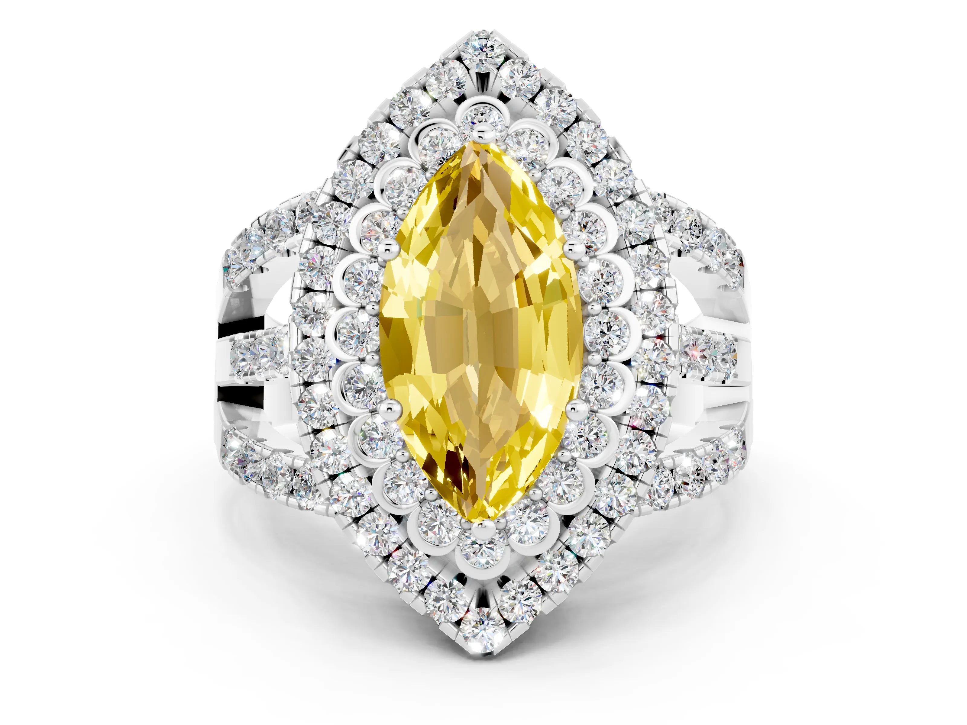 White gold Double Halo Marquise Cut Diamond Split Shank Pave Set Ring