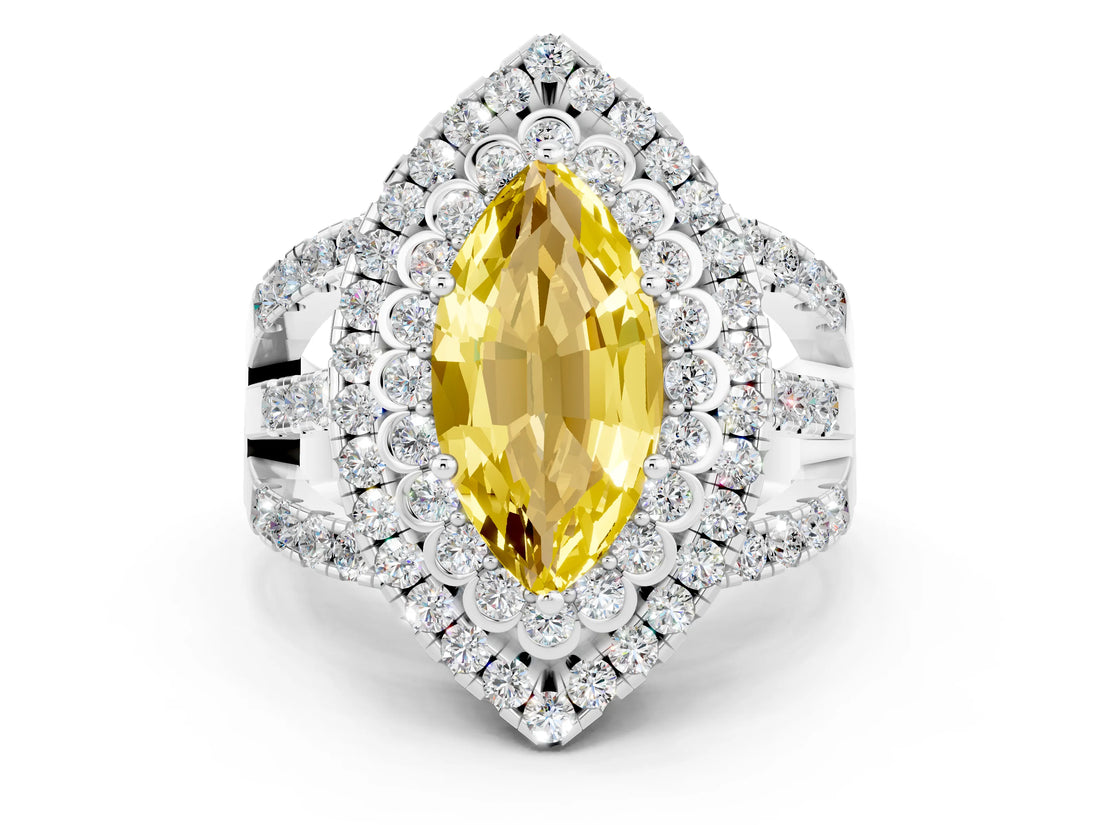 White gold Double Halo Marquise Cut Diamond Split Shank Pave Set Ring