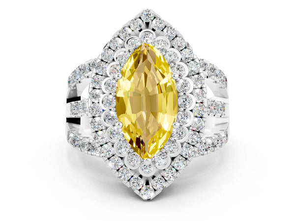 Platinum Marquise Cut Yellow Sapphire Double Halo Ring with Round Pavé Split Shank and Prong Setting
