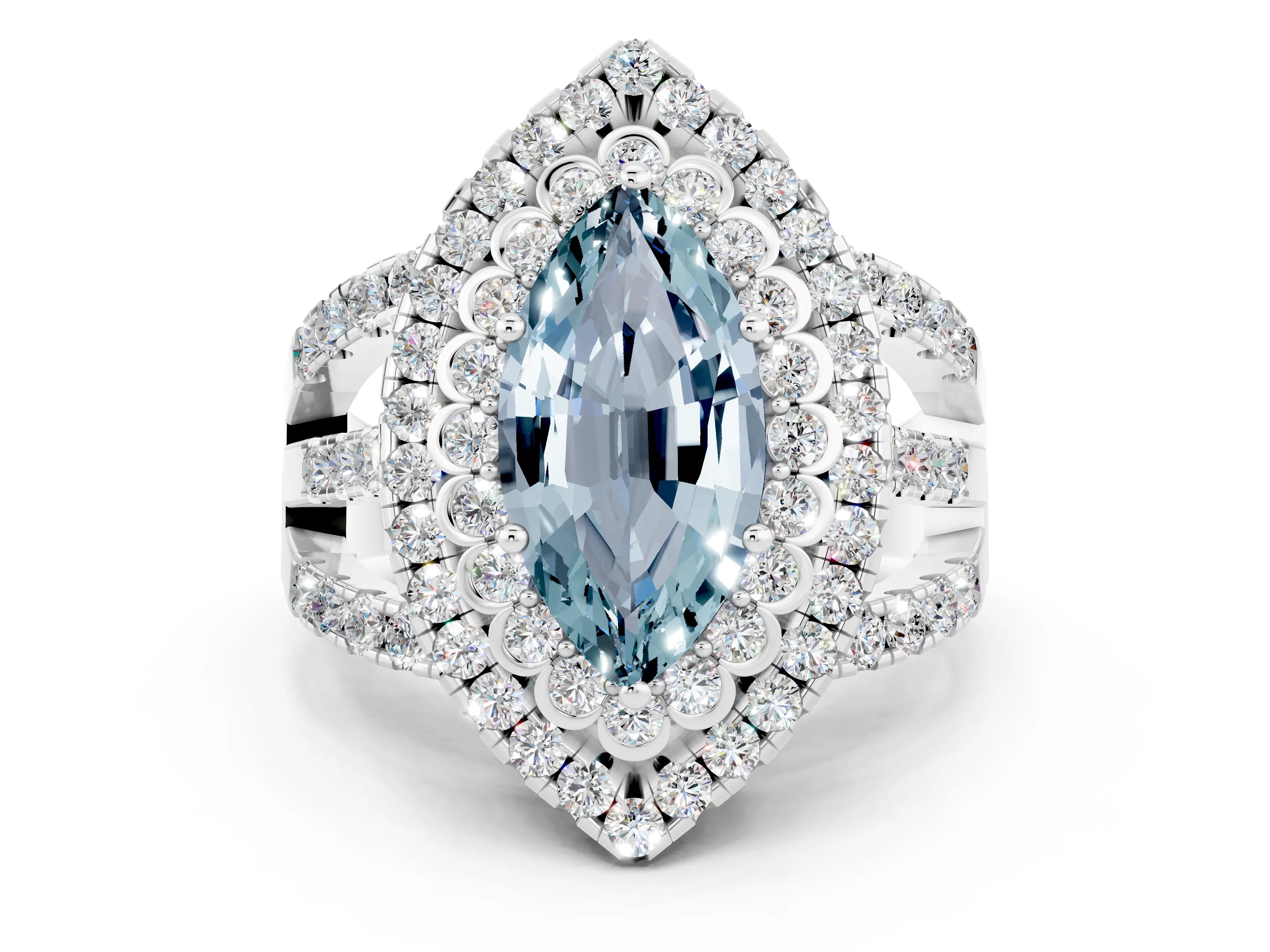 White gold Double Halo Marquise Cut Diamond Split Shank Pave Set Ring