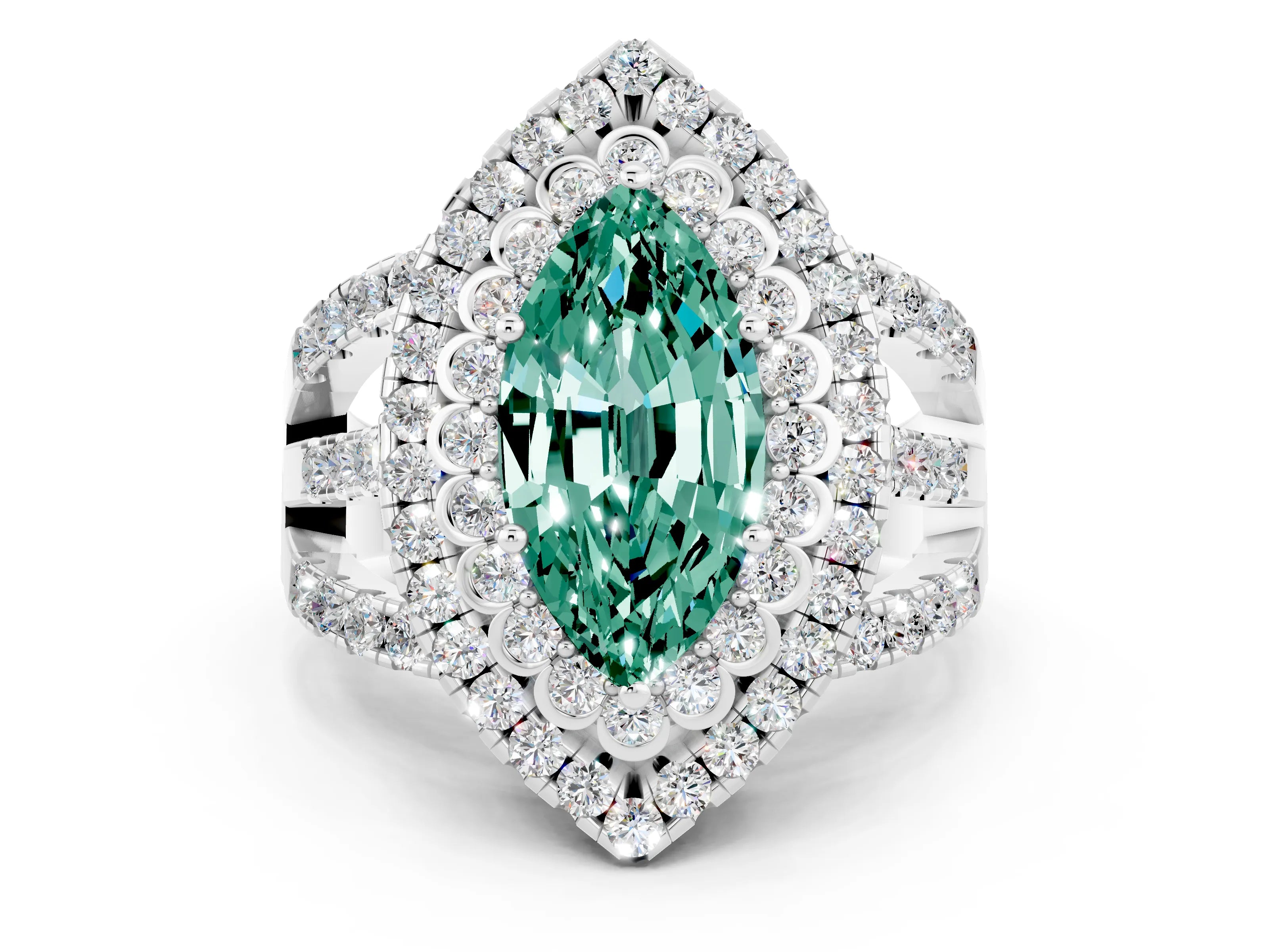 White gold Double Halo Marquise Cut Diamond Split Shank Pave Set Ring
