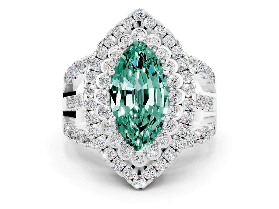 White gold Double Halo Marquise Cut Diamond Split Shank Pave Set Ring
