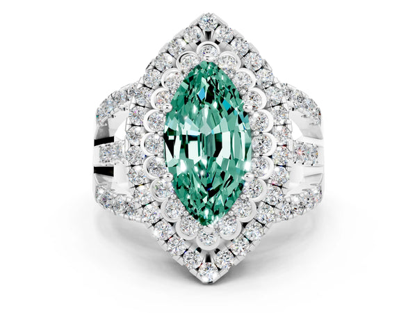 Silver Marquise Cut Green Sapphire Double Halo Ring with Round Pavé Split Shank and Prong Setting