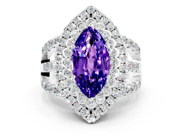 Platinum Marquise Cut Tanzanite Double Halo Ring with Round Pavé Split Shank and Prong Setting