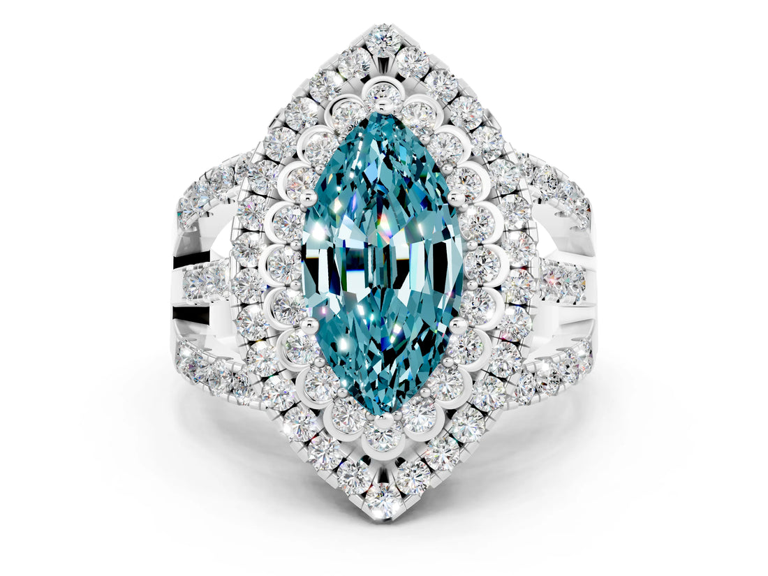 White gold Double Halo Marquise Cut Diamond Split Shank Pave Set Ring