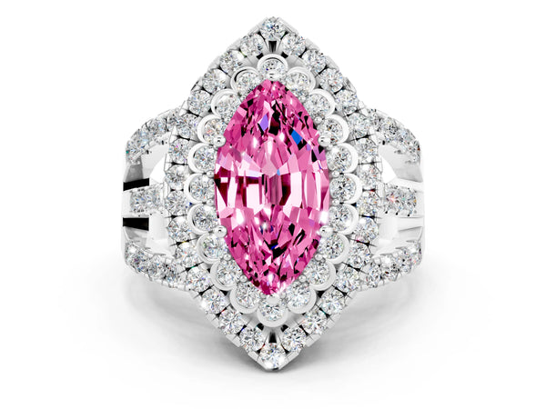 Platinum Double Halo Marquise Cut Diamond Split Shank Pave Set Ring