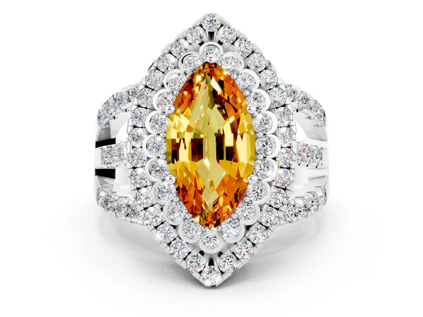 Silver Marquise Cut Citrine Double Halo Ring with Round Pavé Split Shank and Prong Setting