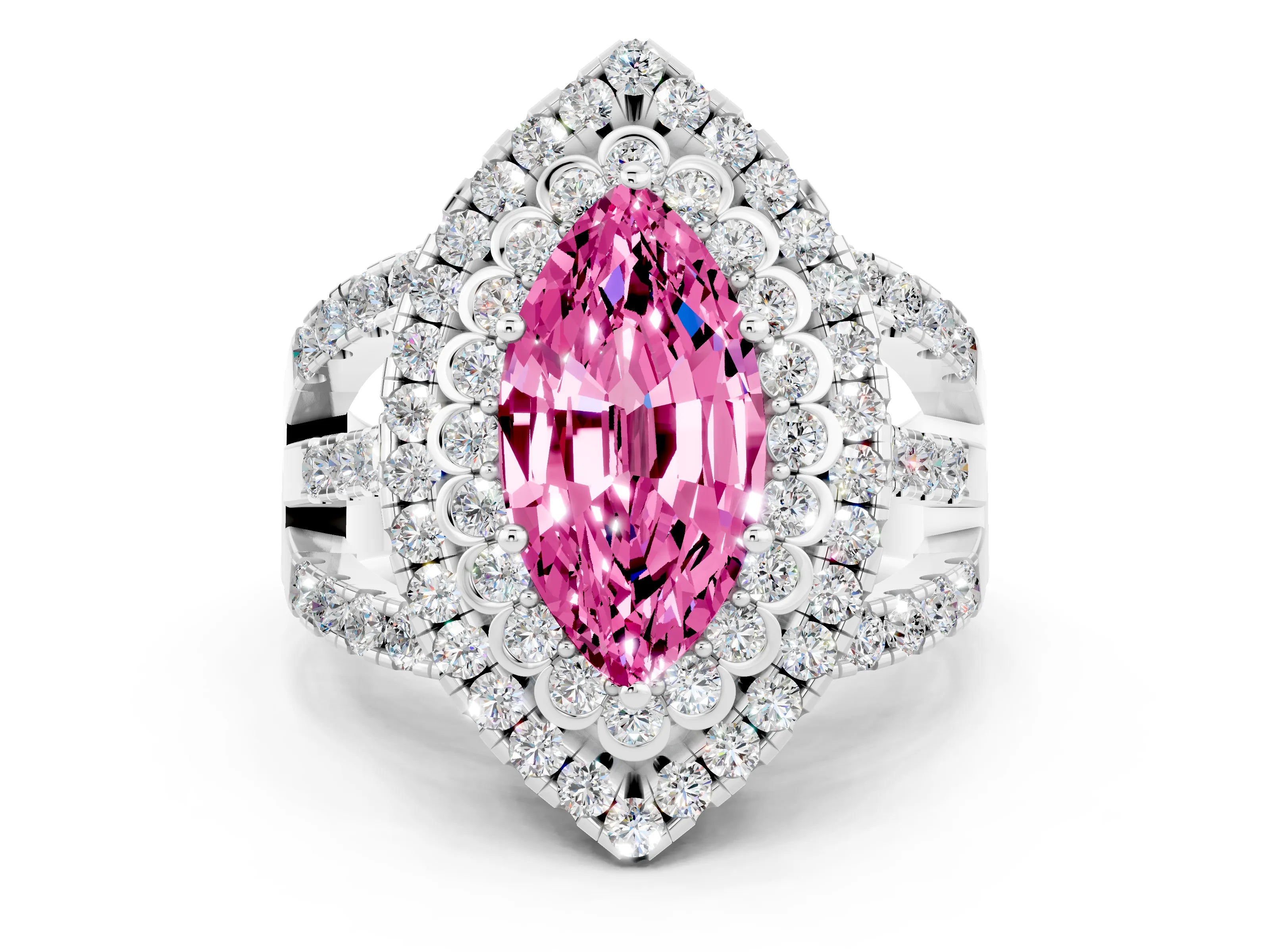 White gold Double Halo Marquise Cut Diamond Split Shank Pave Set Ring