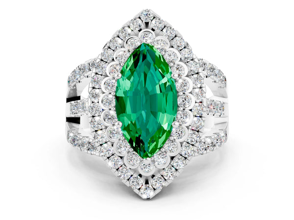 White gold Marquise Cut Emerald Double Halo Ring with Round Pavé Split Shank and Prong Setting